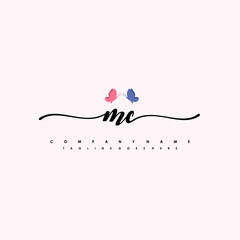 Initial MC with a butterfly on the handwriting Logo vector. Letter Logo Handwriting Template. two blue and ping butterflies