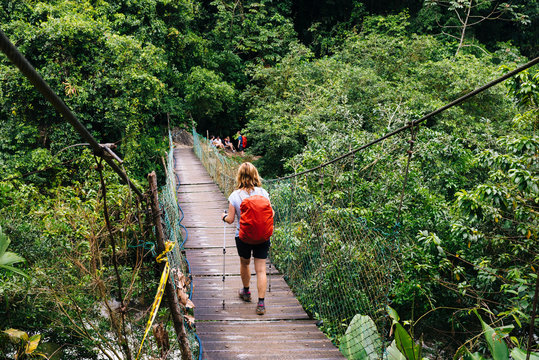 A woman with a daypack and walking sticks is hiking through the dense rainforest of the Sierra Nevada to the pre-Columbian city Ciudad Perdida