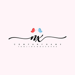 Initial NX with a butterfly on the handwriting Logo vector. Letter Logo Handwriting Template. two blue and ping butterflies