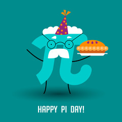 Happy Pi Day! Celebrate Pi Day. Mathematical constant. March 14th (3/14). Ratio of a circle’s circumference to its diameter. Constant number Pi and pie - obrazy, fototapety, plakaty