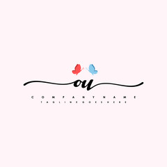 Initial OU with a butterfly on the handwriting Logo vector. Letter Logo Handwriting Template. two blue and ping butterflies