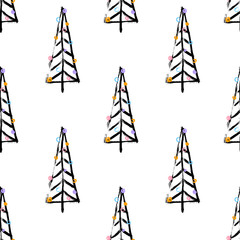 Seamless hand drawn Pattern with Christmas tree. Vector illustration for your design.  Perfect for wallpapers, pattern fills, web page backgrounds, surface textures, textile