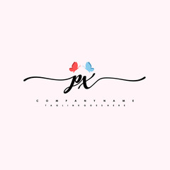 Initial PX with a butterfly on the handwriting Logo vector. Letter Logo Handwriting Template. two blue and ping butterflies