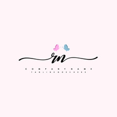 Initial RN with a butterfly on the handwriting Logo vector. Letter Logo Handwriting Template. two blue and ping butterflies