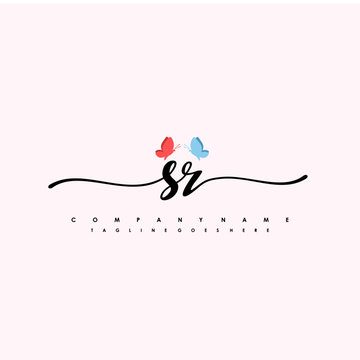 recommend clip art: Initial SR with a butterfly on the handwriting Logo vector. Letter Logo Handwriting Template. two blue and ping butterflies