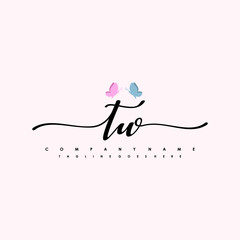 Initial TW with a butterfly on the handwriting Logo vector. Letter Logo Handwriting Template. two blue and ping butterflies
