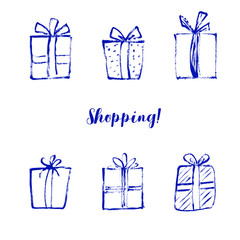 Gift boxes set. Hand drawn design. Set of different gift boxes. Christmas. Vector illustration. Merry Christmas. Happy new year. Holiday. Shopping