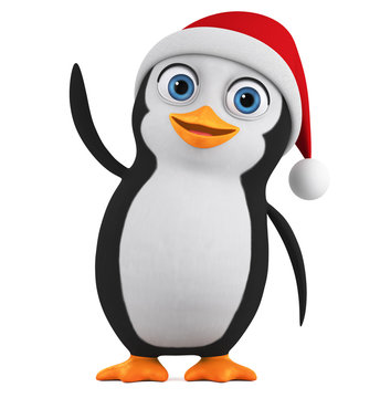 Penguin in a red cap indicates a blank space on a white background. 3d render illustration. New Year.