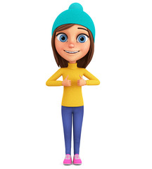 Cartoon character cheerful girl in winter clothes shows two thumbs up on a white background. 3d render illustration.