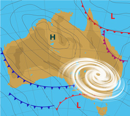 Weather map of the Australia. Meteorological forecast with Hurricane, Wind cyclone, Storm. Editable vector illustration of a generic weather map showing with tornado, isobars and weather fronts. EPS10 - obrazy, fototapety, plakaty