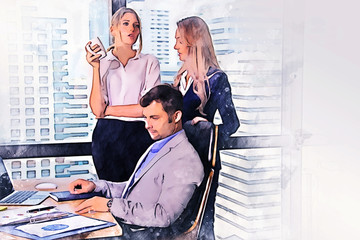 Abstract business woman working and talking friend in office on watercolor illustration painting background.