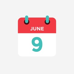 Flat icon calendar 9 of June. Date, day and month. Vector illustration. - 298813948