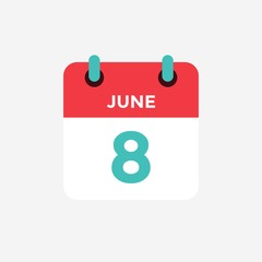 Flat icon calendar 8 of June. Date, day and month. Vector illustration. - 298813969