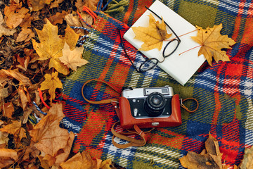 Fototapeta na wymiar Checkered red and yellow plaid with fringe and autumn leaves, a book, glasses, and a camera