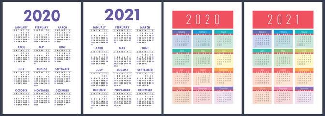 Calendar 2020, 2021 years. Colorful vector set. Week starts on Sunday. Vertical English calender design template