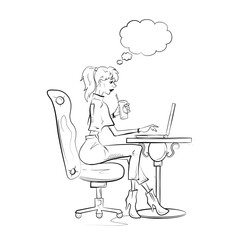 Sketch of woman working on laptop. Vector illustration