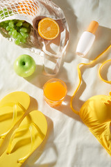 Picnic, flat lay recreation, family picnic background with space. Summer and mood. Weekend and vacation.