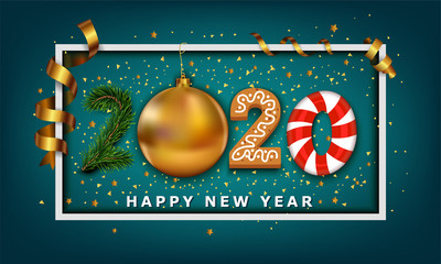 Vector Happy New Year background. 2020 number made from golden christmas ball bauble, stripes elements, cookie, candy and christmas tree