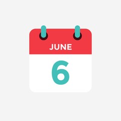 Flat icon calendar 6 of June. Date, day and month. Vector illustration. - 298815984