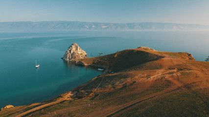 Lake Baikal. Olkhon Island in the summer Shamanka from drone
