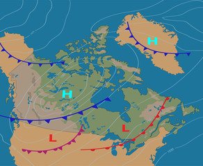 Weather map of the Canada. Realistic synoptic map of the country showing isobars and weather fronts.Canada bordered by USA and Alaska. Meteorological forecast. Vector illustration. EPS 10 - obrazy, fototapety, plakaty