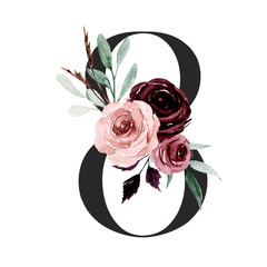 Number 8 with watercolor flowers burgundy and pink roses and leaf. Perfectly for wedding, birthday invitations, greeting card, logo and other floral design. Hand painting. Isolated on white. 