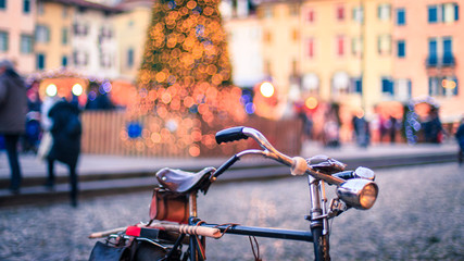 Bicycle in front of a crhismas tree
