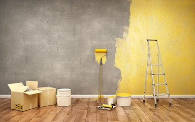 Half-painted in yellow concrete wall, 3d illustration