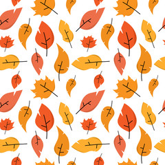 Red, orange, yellow and brown autumn leaves fall and flight on white background. Vector seamless pattern for textile design and printing.