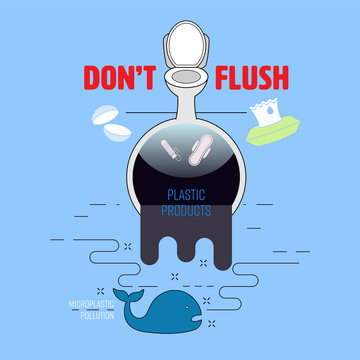 Don’t Flush Plastic Products Down The Toilet. Contact Lens, Menstrual Products And Wet Wipes Polluted The Ocean And Causing Microplastic Pollution. Vector Illustration Outline Flat Design Style.