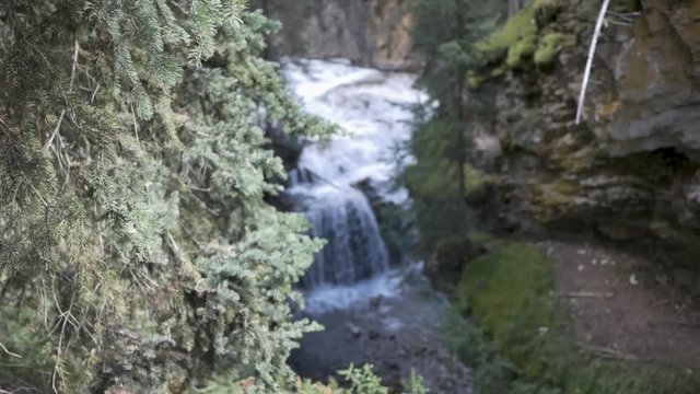 Reveal pan of powerful cascading small waterfall in Johnston Canyon, rack focus change on a sunny summer day overcast 24fps 1080p full hd