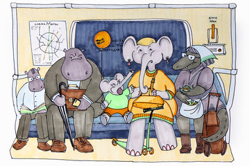 Cartoon drawing of passengers in the subway.The little elephant attracts the attention of his mother elephant, as well as other passengers of the Hippo and crocodile car.