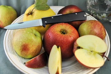 Folding knife and fresh organic ripe apples natural gourmet product dessert