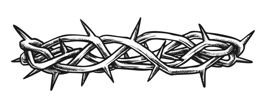 Crown Of Thorns Jesus Christ Side View Ink Vector. Crown Is Crafted In Israel As Reminder Of Sufferings Of Christ To Put Away Sin. Engraving Template Designed In Retro Style Monochrome Illustration