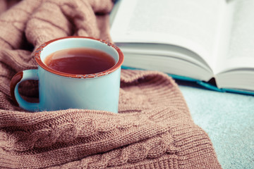 Сup of hot tea, open book and warm knitted blanket