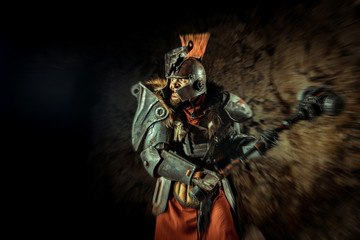 Attack of a powerful knight in the armor with the hammer. Dungeon on the background.