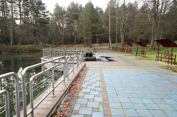 Photo of a waterfall. Autumn park on the shore. Image of nature, forest, landscape.