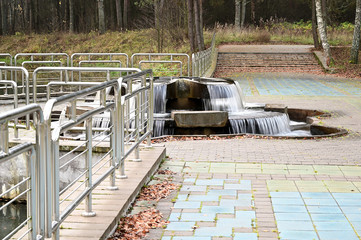 Photo of a waterfall. Autumn park on the shore. Image of nature, forest, landscape.