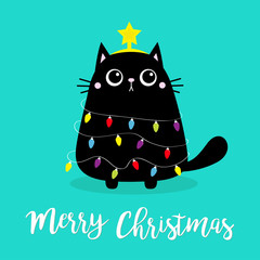 Merry Christmas cat fir tree shape. Garland lights bulb string Star. Kitty kitten sitting. Funny Kawaii animal Kids print. Cute cartoon baby character. Pet collection. Flat design. Blue background