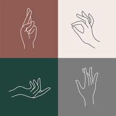Vector design linear template logos or emblems - hands in in different gestures.