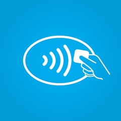 NFC logo symbol of contactless payment method through POS terminal icon isolated on blue background. NFC technology contact less pay by mobile phone or credit card