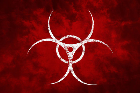 White biohazard sign over red background