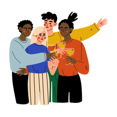 Happy Friends Celebrating an Important Event, Young Men and Women Clinking Glasses and Drinking Alcohol at Party Vector Illustration