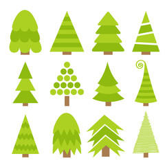 Merry Christmas Fir tree icon set. Cute cartoon green different triangle simple shape form. White background. Isolated. Flat design.