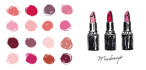 Makeup set. Lipstick hand drawn illustration.