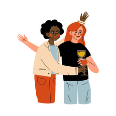 Girls Celebrating an Important Event, Young Women Clinking Glasses and Drinking Alcohol at Party Vector Illustration