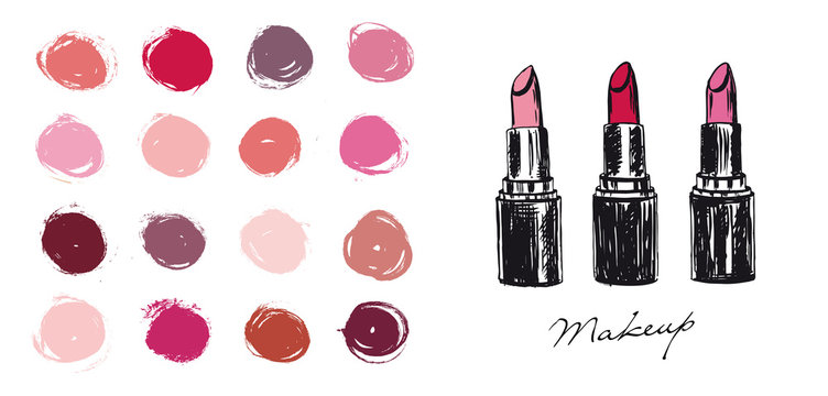 Makeup Set. Lipstick Hand Drawn Illustration.