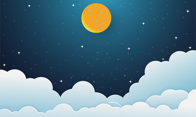 night sky with stars and moon. paper art style.Vector of a crescent moon with stars on a cloudy night sky. Moon and stars background.Vector EPS 10. © CHAIYAPHON