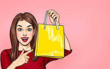 Smiling  young sexy woman pointing on  shopping  bag in comic style.  Pop Art  wow girl. Advertising poster with surprised magazine cover female model. Sale.