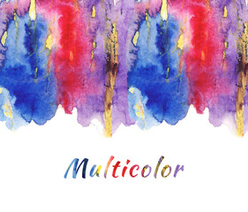 Bright multicolor background made of watercolor splashes. Background for the design of various advertising attributes. Juicy shades of purple, blue and red with yellow. There is a place for text